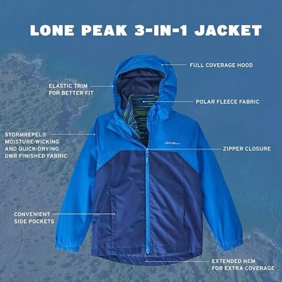 NEW! Eddie Bauer 3 in 1 Jacket Size S(7-8) WaterResistant Outer&Inner Fleece Jkt - Picture 9 of 16